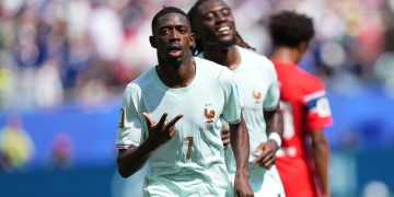 France's Ousmane Dembele celebrates after scoring his side's third goal during the World Cup Group I soccer match between Norway and France in Foxborough, Mass., near Boston, Friday, June 26, 2026. (AP Photo/Martin Meissner)